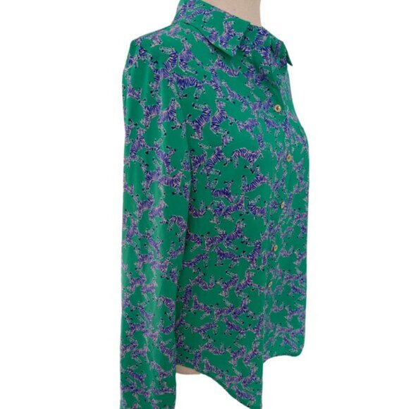 Lilly Pulitzer Green Blue Zebra Print Collared Button Down Blouse Shirt Top Sz M - Picture 3 of 9